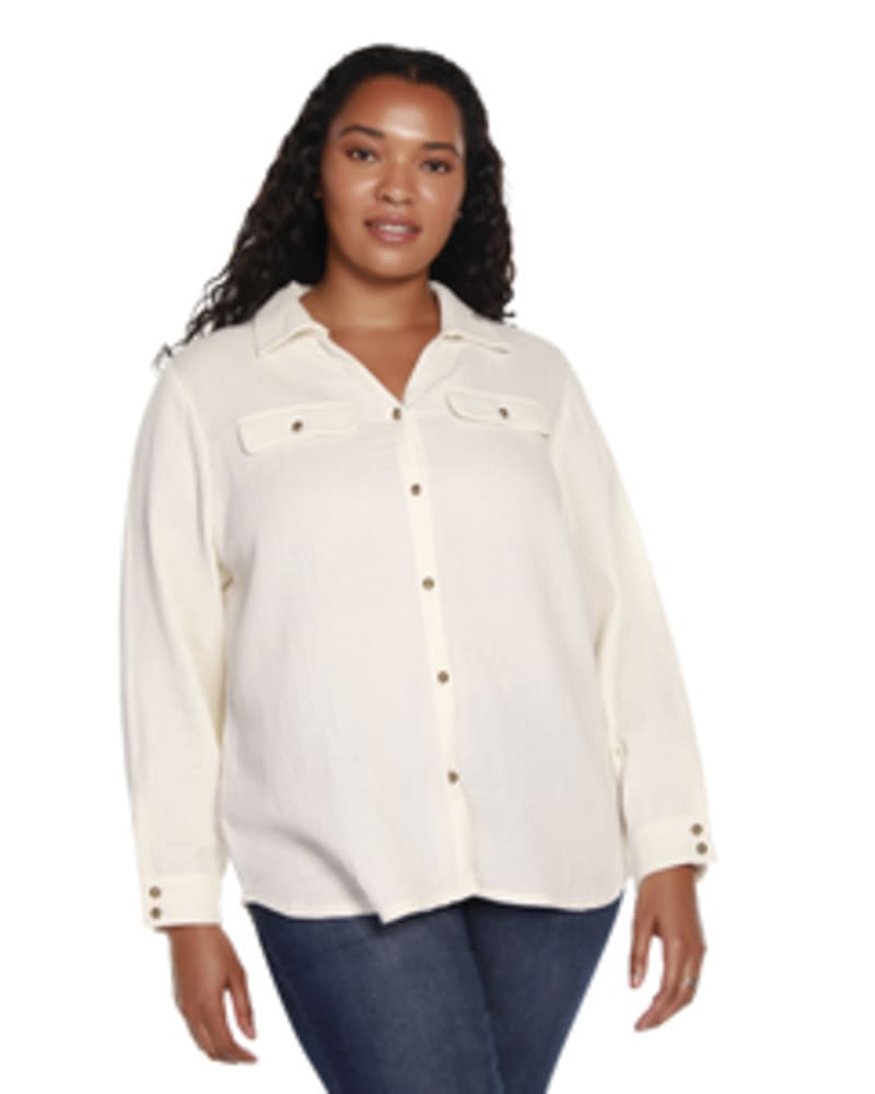 Front of a model wearing a size 1X Andrea Button Up Gauze Top in Natural by Belldini Black Label. | dia_product_style_image_id:246070